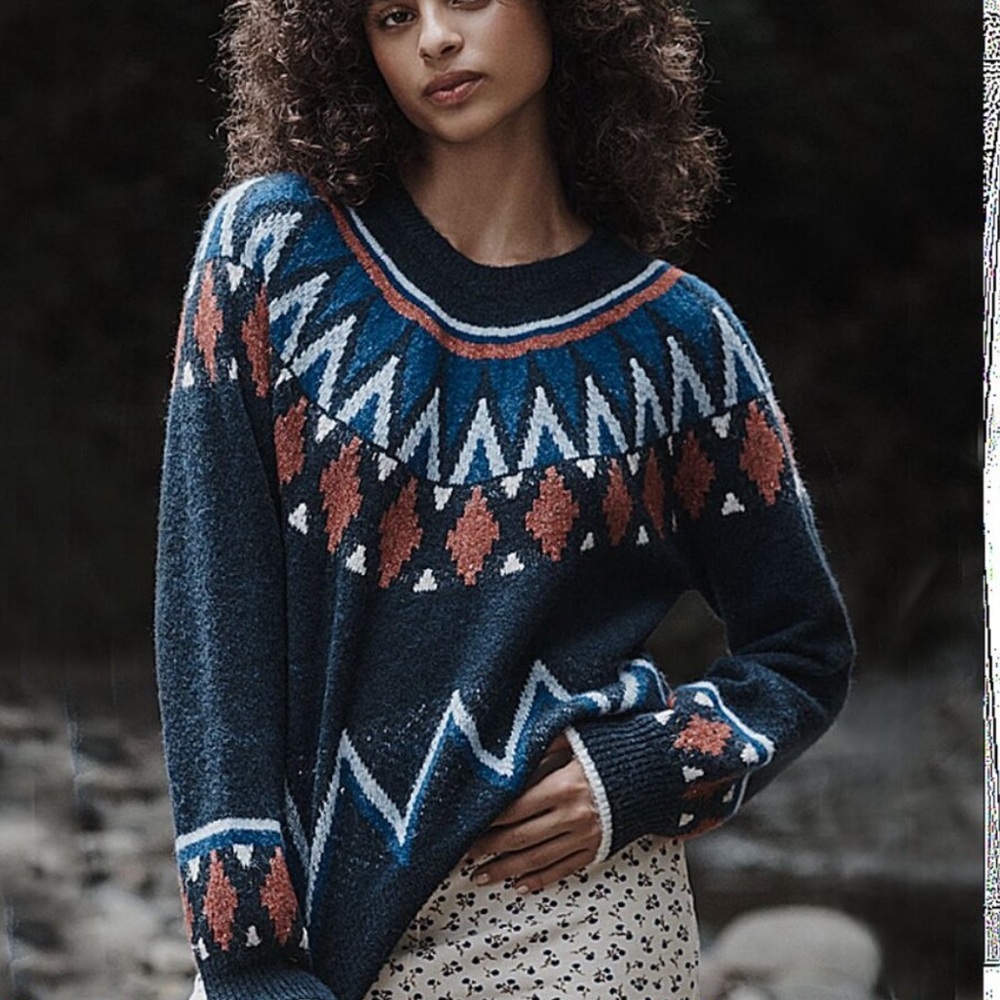 Anthropologie x Sundry Navy Orange fair isle Sweater